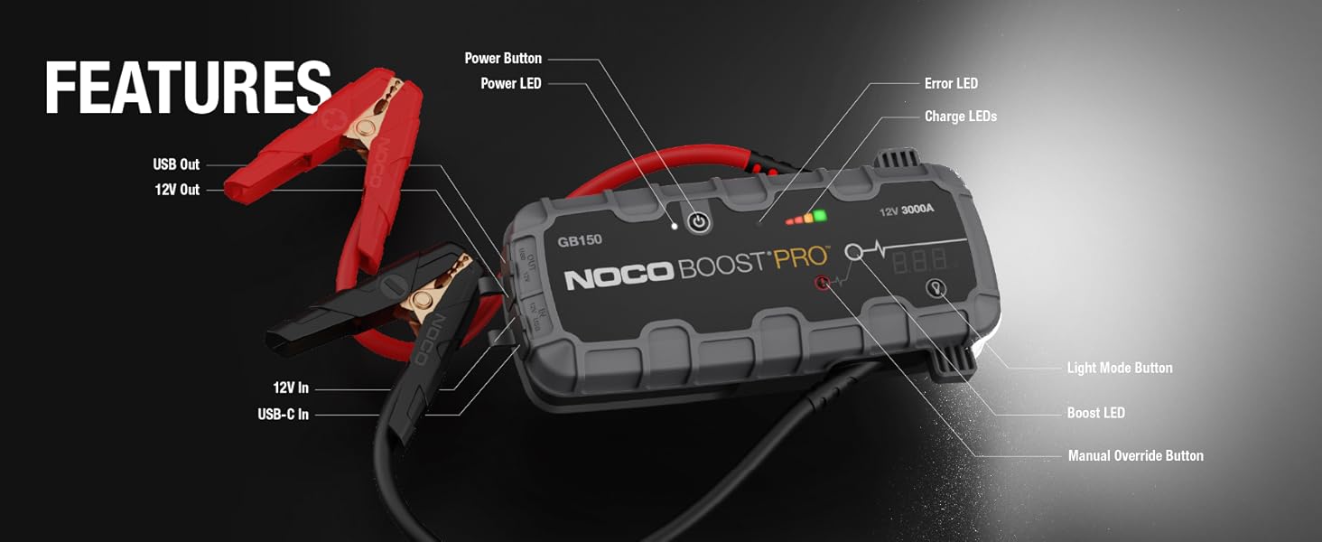 Features. Includes USB in and out ports, LED flashlight, and manual override button.