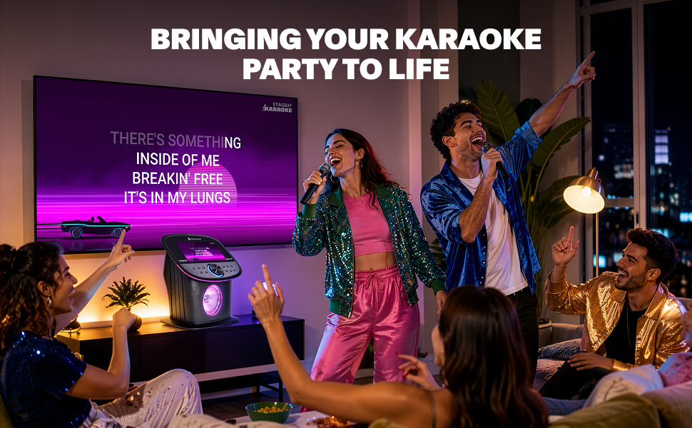 people singing karaoke with black machine