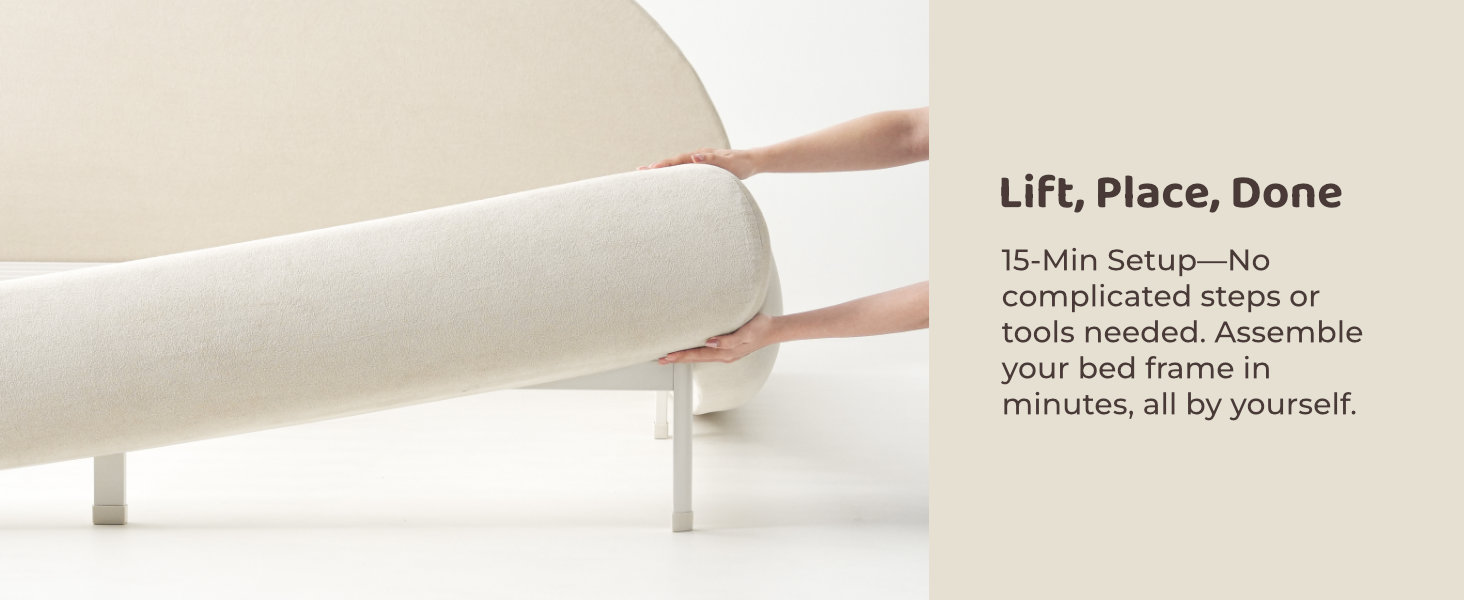 simple bed frame that can be quickly assembled by one person in 5-15 minutes