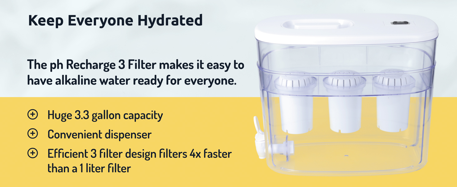 pH Recharge Alkaline Water Filter has huge gallon capacity. Efficient 3 filter design