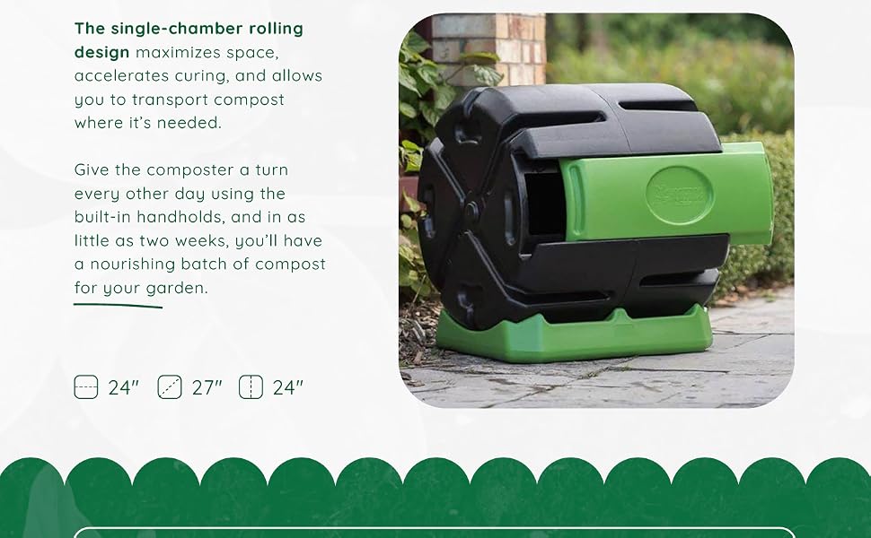 A green single-chamber rolling compost tumbler bin. Text reads: Single-chamber rolling design.