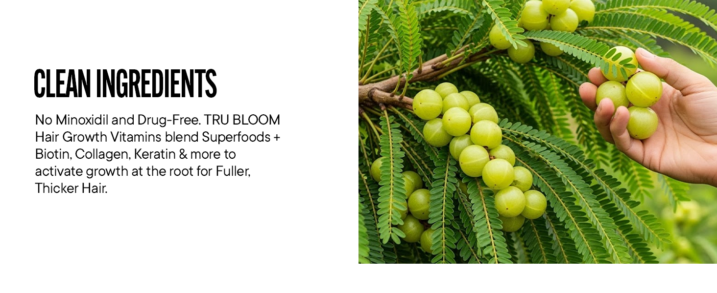Tru Bloom Hair Growth Supplement blends Biotin, Collagen, Keratin to grow Fuller and Thicker Hair