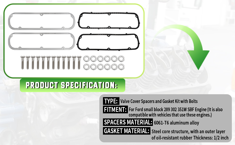 For Ford Valve Cover Spacers and Gasket Kit with Bolts- 1/2 inch Aluminum Spacers with Steel