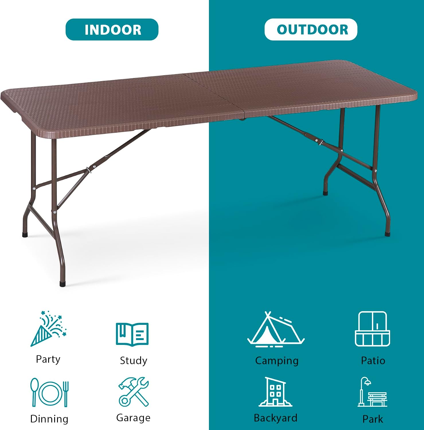 SUPER DEAL 6FT Folding Table for Indoor Outdoor, Portable Heavy Duty Fold-in-Half Plastic Dining Picnic Party Camping Table with Carrying Handle