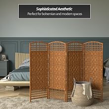 Woven beige folding screen looks elegant in bohemian or modern spaces