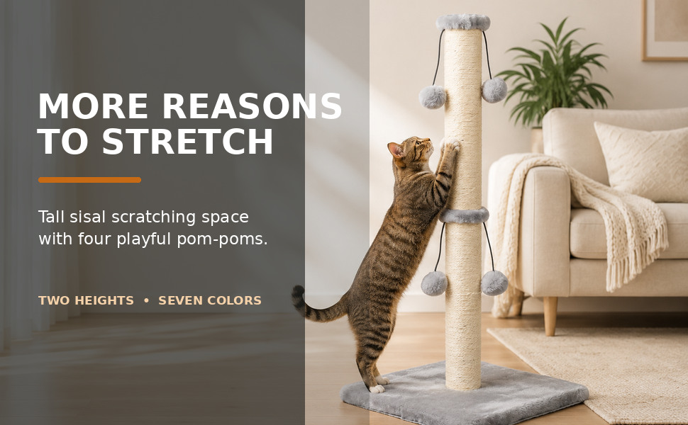 DIMAKA two-section cat scratching post with four plush pom-poms