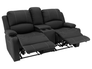 Three-quarter view of black double recliner reclined back.