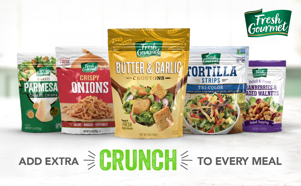 cheese crisp croutons crispy veggies crunchy toppings fruit nuts salad dressing onion butter garlic