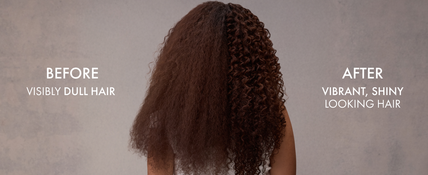 Woman shown from behind with her curly hair split to compare before and after shampoo results.