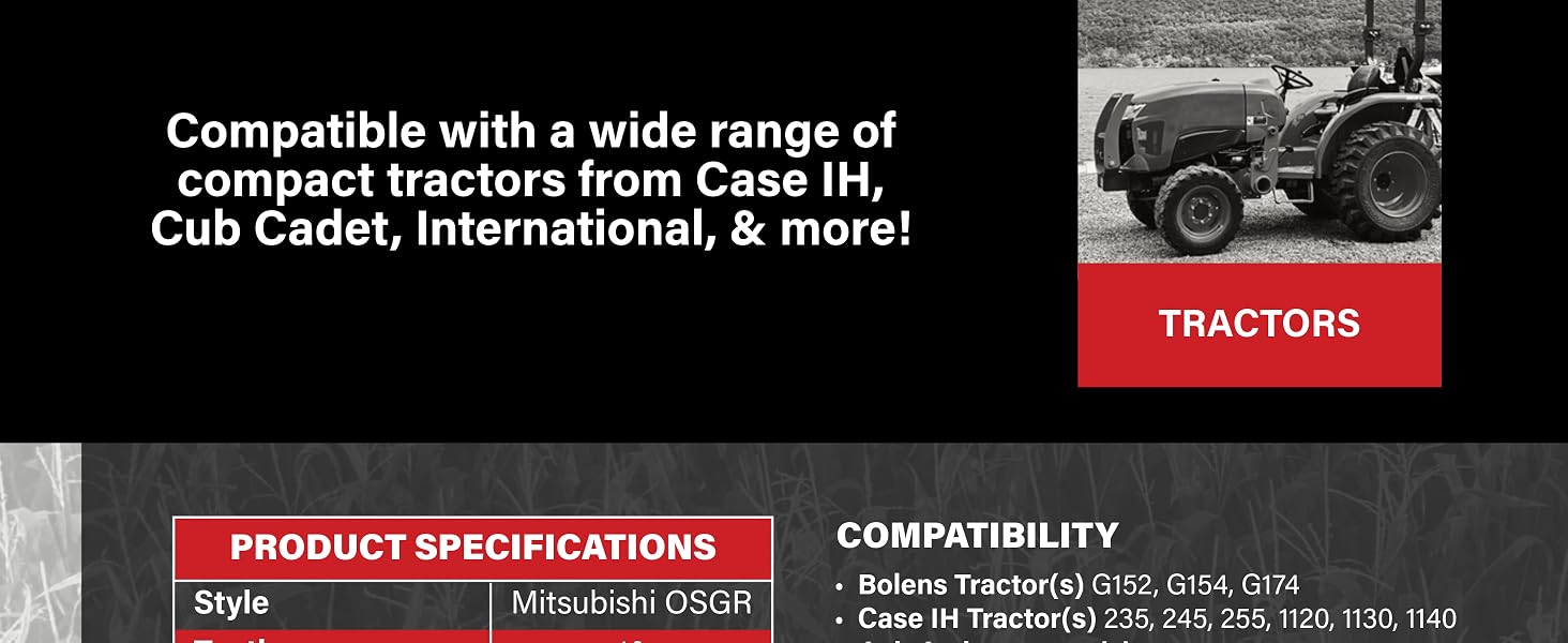 Compatible with a wide range of compact tractors from Case IH, Cub Cadet, International and more