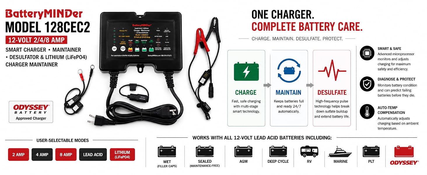 Lead Acid Battery Charger, Lithium (LiFePO4) Battery Maintainer, and Battery Desulfator