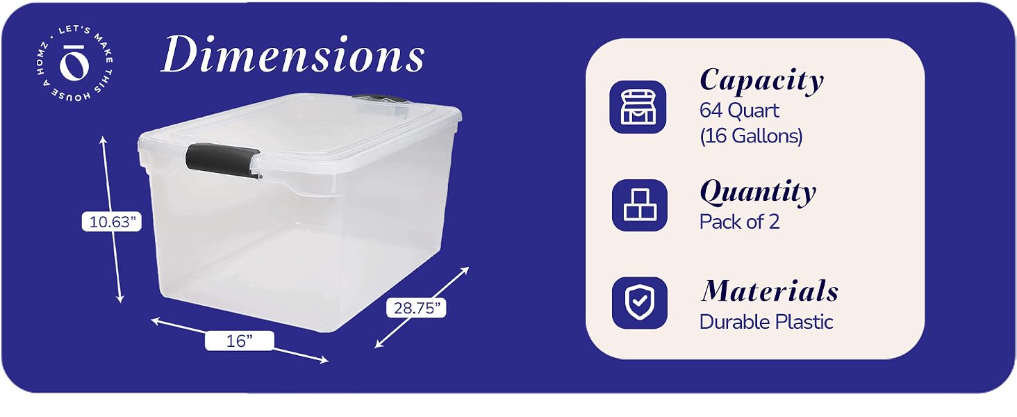 Homz 64Qt Stackable Plastic Storage Bin Container Box w/Latch Lid, Clear(2 Pack)