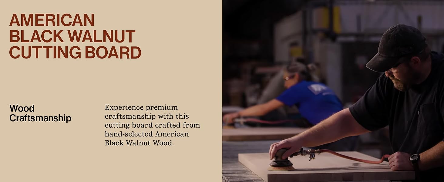 John Boos employees working on the wood&amp;#39;s finish. Text reads: American Black Walnut Cutting Board