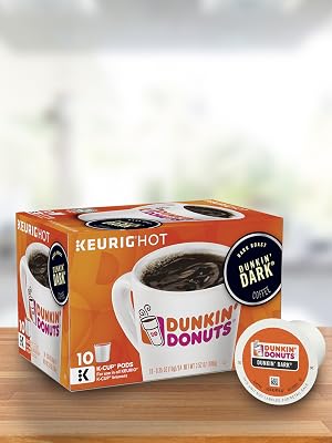 Box of Dunkin Donuts Dark Keurig K-Cup Pods dark roast coffee 100% Arabica beans