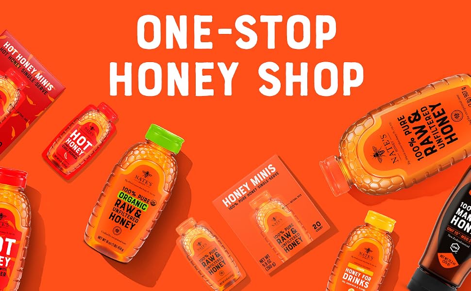 Nate&amp;amp;amp;amp;#39;s Honey hot honey minis organic bottle box with text saying one stop honey shop