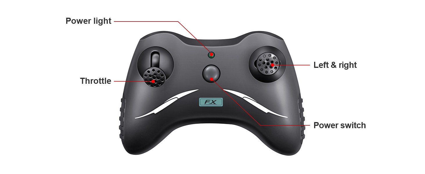 Black remote control device with labeled buttons including power switch, throttle, and directional controls for power flight.