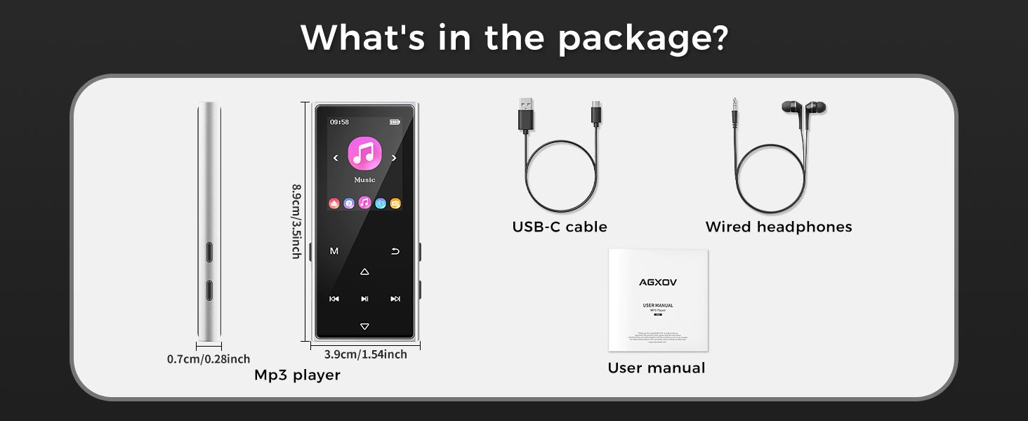 Text reads: 'What's in the package?' Product package contents diagram showing MP3 player, user manual, and other accessories with icons and labels.