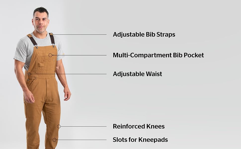 Adjustable bib straps, brass fly zipper