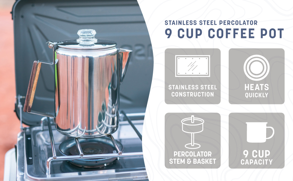 coffee percolator, coffee pot, french press, stainless steel, 9 cup capacity, camp stove, grill
