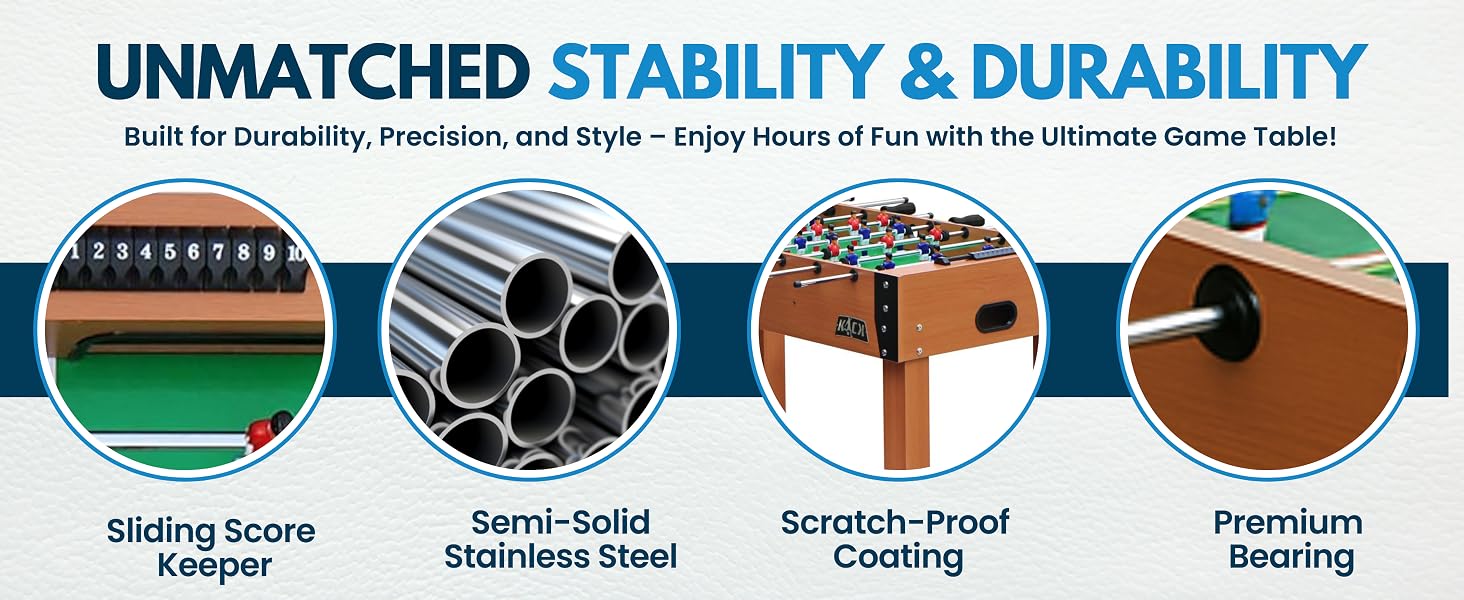 Foosball table with steel rods, smooth bearings, and scratch-resistant play