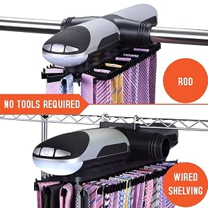 applies on a rod or wired shelf without the use of tools