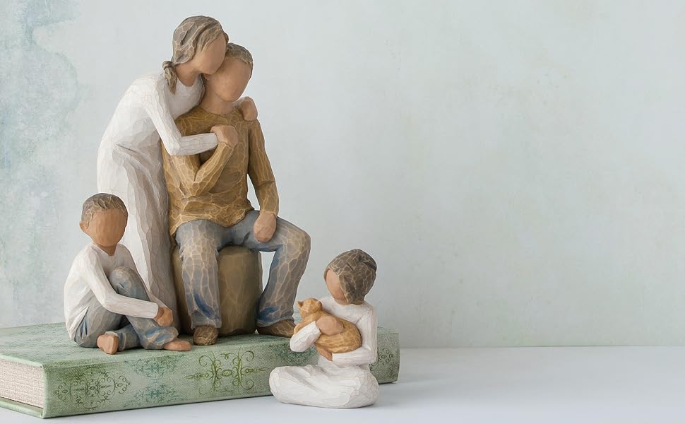 Group shot of Willow Tree Caring Child, You and Me, and Kindness figures.