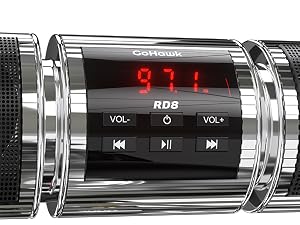 Clear LED display and easy controls make tuning FM radio simple while riding.