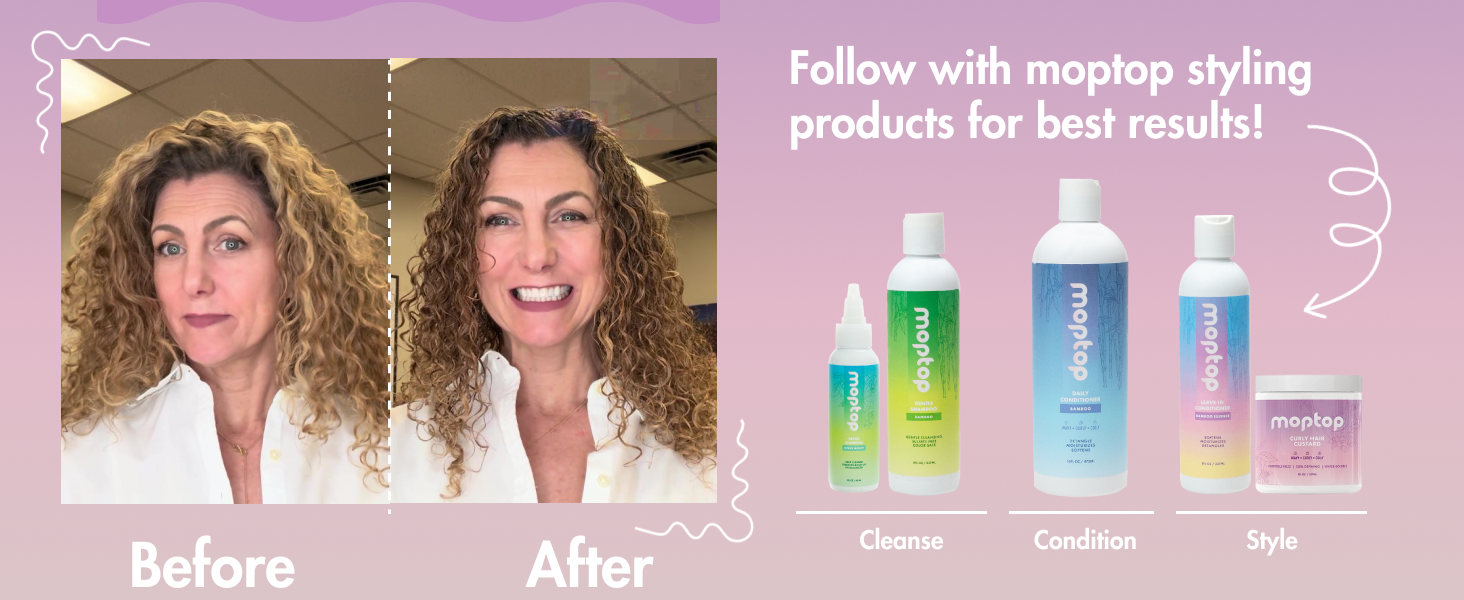 Follow Moptop styling products for best results when cleansing, conditioning, and styling