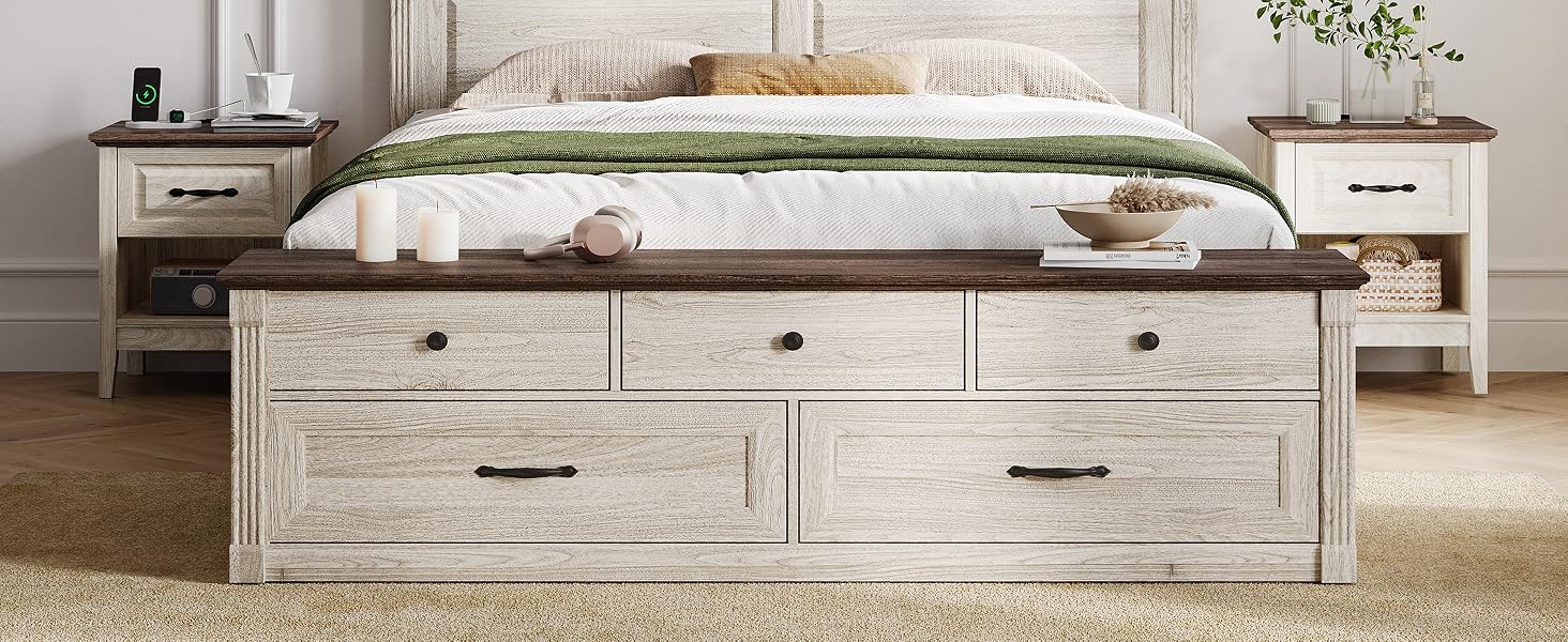 Queen Storage Bed Frame with Drawers Farmhouse Bed Frame Queen-Size with Headboard Footboard Bench