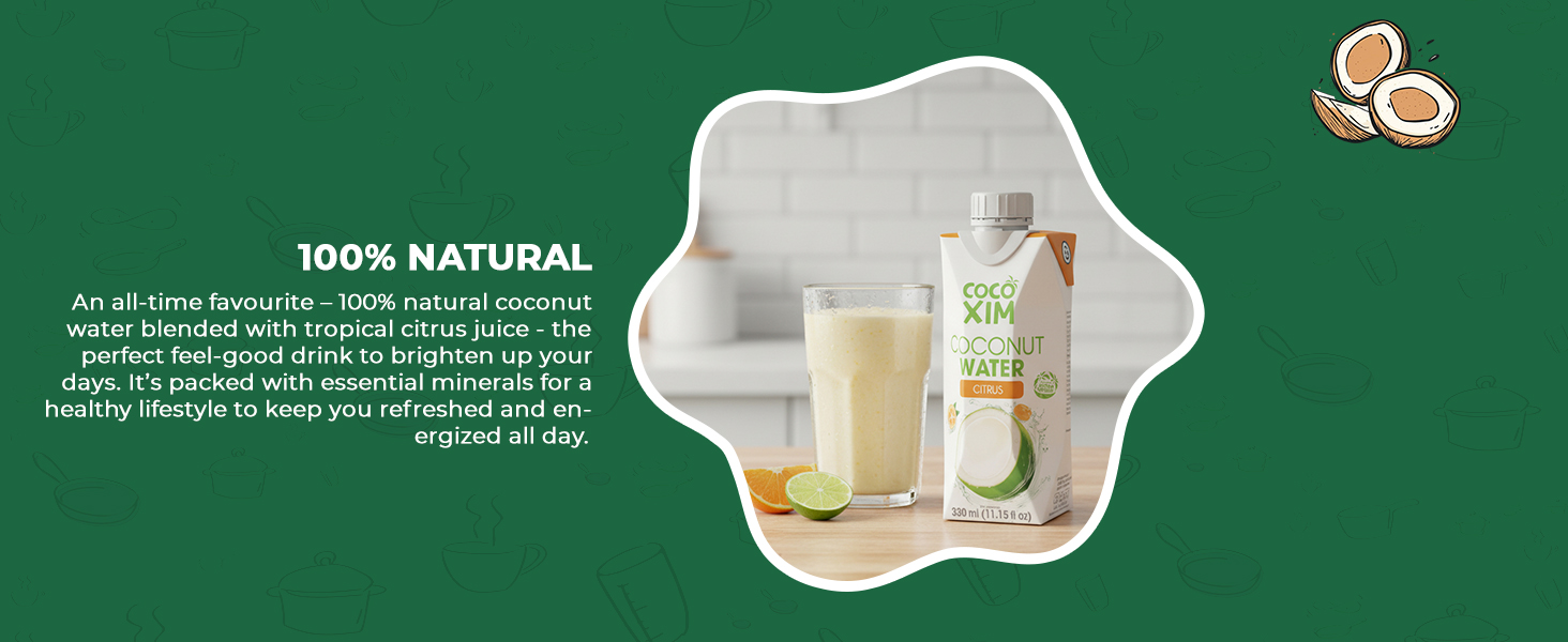 coconut water, citrus drink, natural hydration, post-workout refreshment, low calorie, clean energy