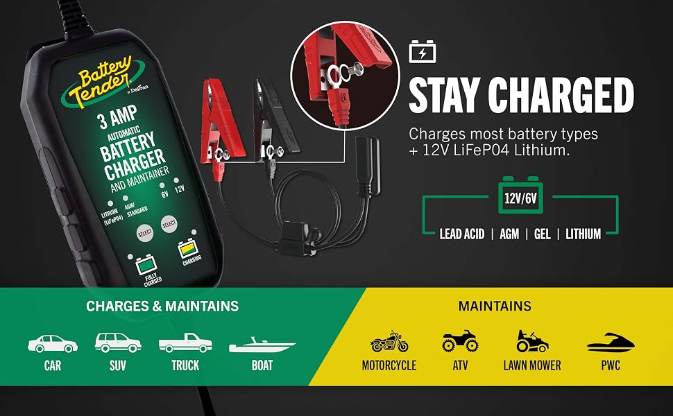 Battery Tender Battery Charger Maintainer 12V or 6V 3 Amp Selectable Cars, Trucks, SUVs, and More