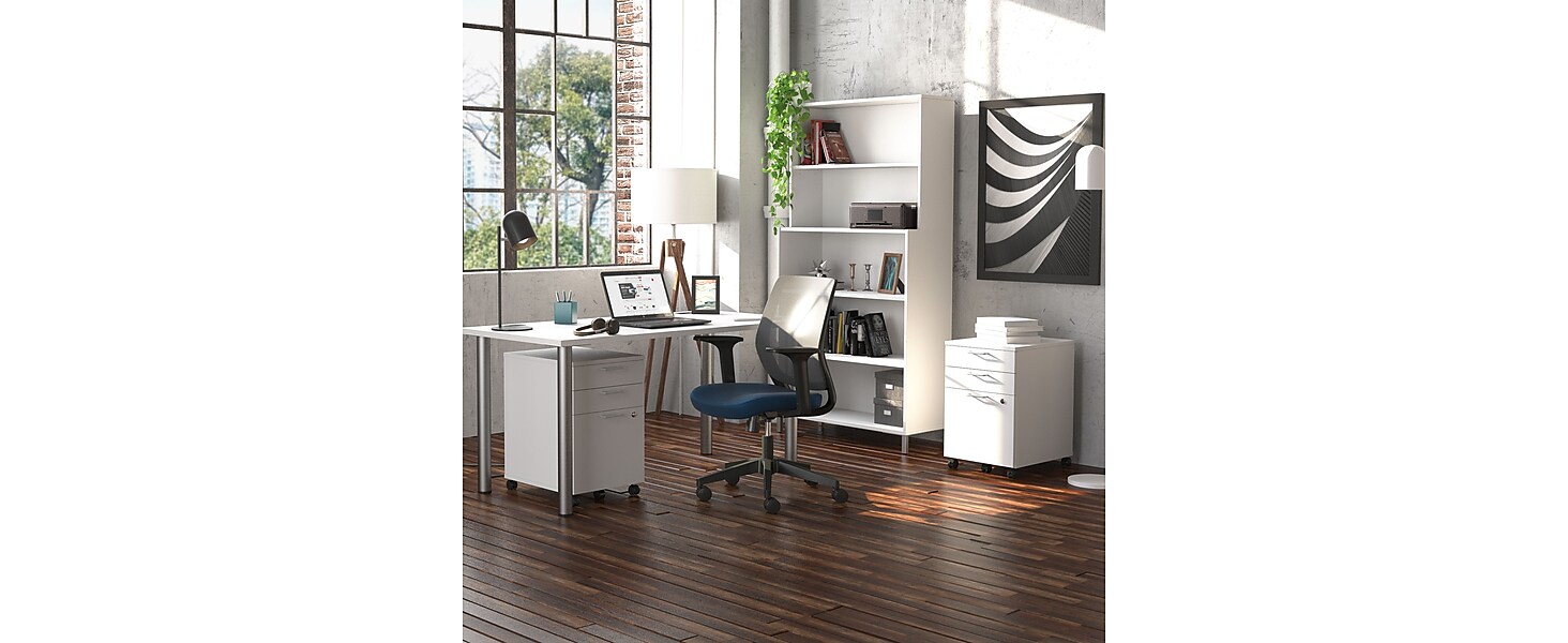 two white file cabinets with desk and chair in home office setting