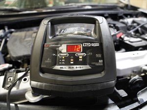 Car battery charger with reverse polarity protection, which prevents damage if clamps are reversed.