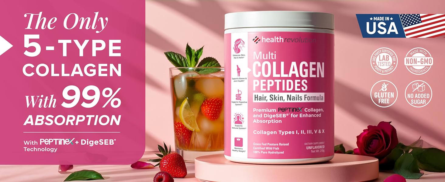 Multi Collagen Peptides jar with 5-type collagen, 99% absorption, non-GMO, gluten-free, made in USA