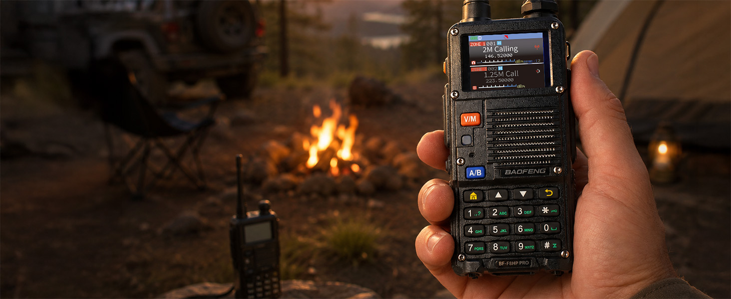 BF-F8HP PRO handheld with color screen shown at a campsite, contrasting an older basic radio.