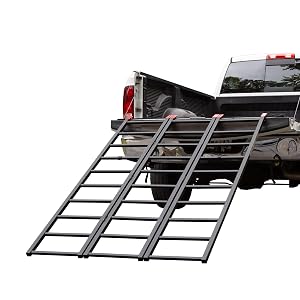 ST-TF-7449-V2 steel tri-fold ATV ramp on pickup truck bed