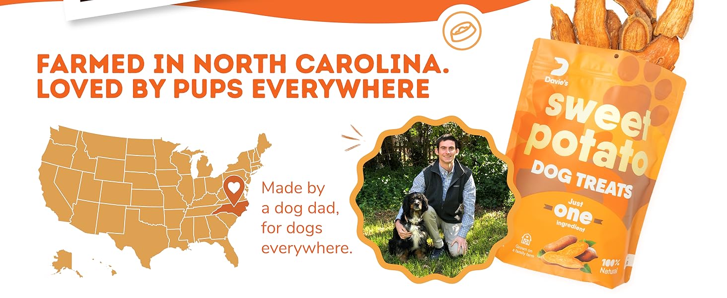 Farm-grown NC sweet potato dog treats—USA-made, one-ingredient chews from a caring dog dad.