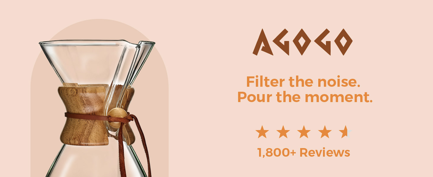 AGOGO glass pour over coffee maker with wood collar and 300-mesh 2-layer stainless steel filter