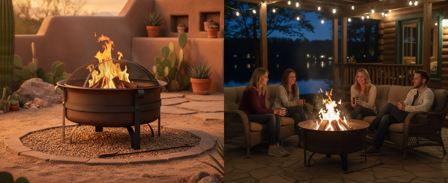 two backyard fire pits: lit dusk in the south and lit with friends gathered at night