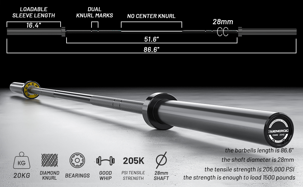 7ft Olympic Barbell Bar 20kg Men&amp;#39;s 1500-lbs Capacity for Weightlifting