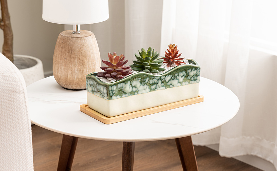 Beige Green Ceramic Glazed Rectangular Succulent Planter Pot