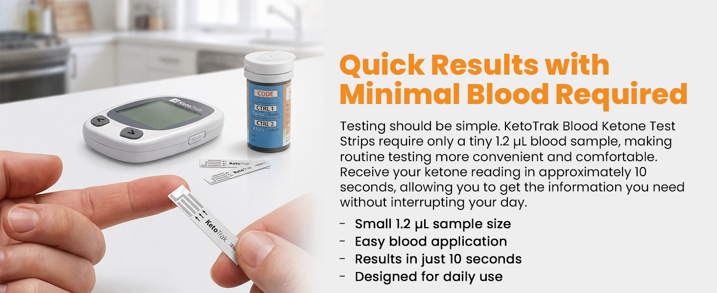 Blood ketone test strips require a small sample size with fast results for convenient testing