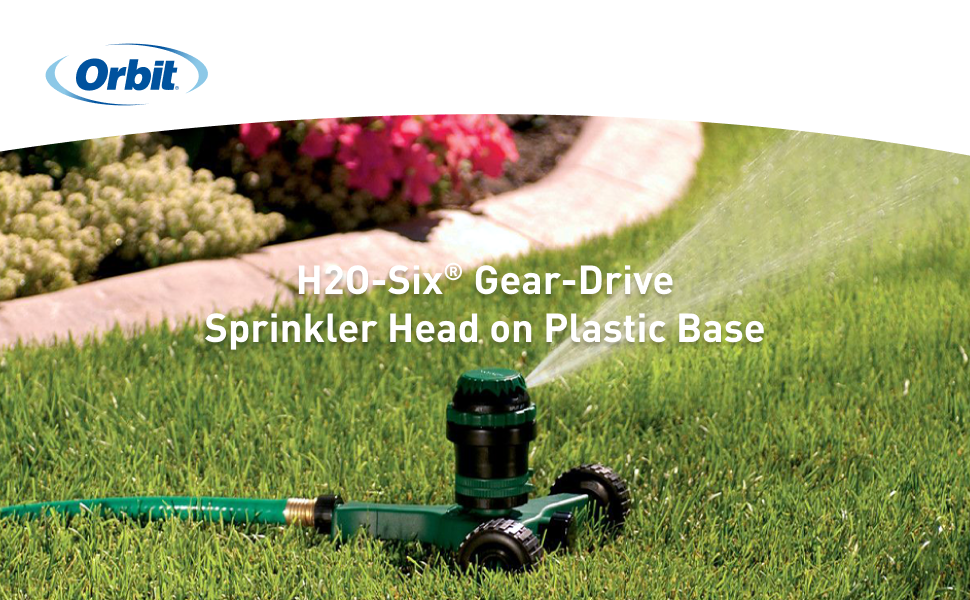 Wheeled base H2O-Six Gear Drive sprinkler operating on lawn
