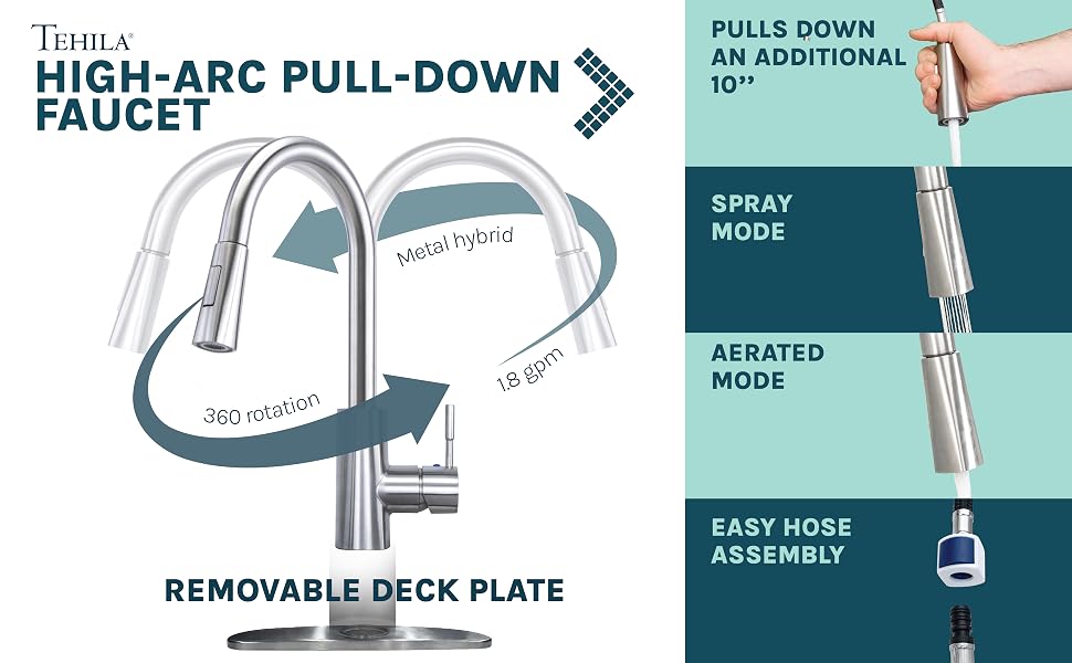 Tehila High Arc Pulldown Faucet Spray Mode Easy Hose Assembly Deck Plate Metal Swivel Aerated Mode