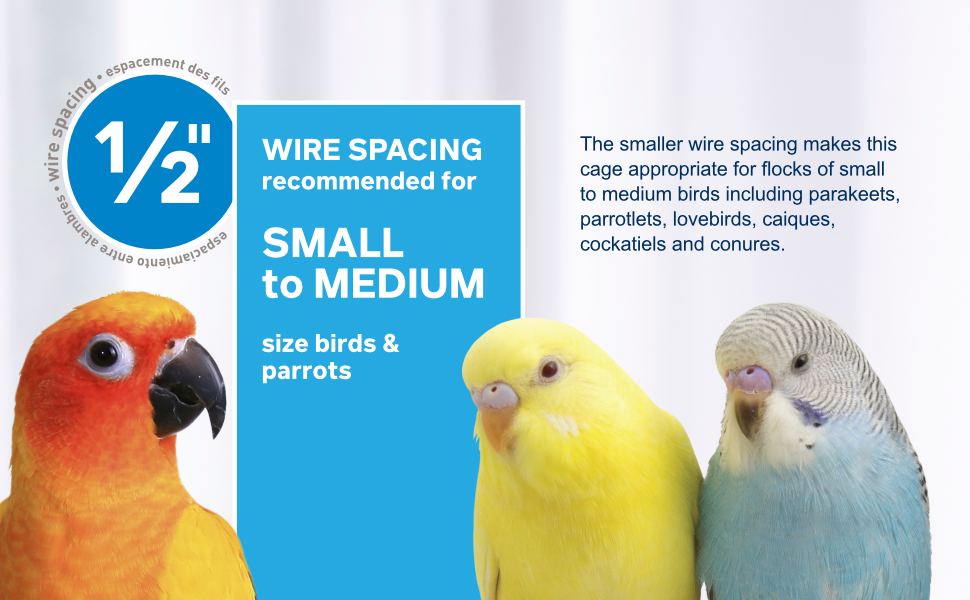 1/2in wire spacing, recommended for small to medium birds