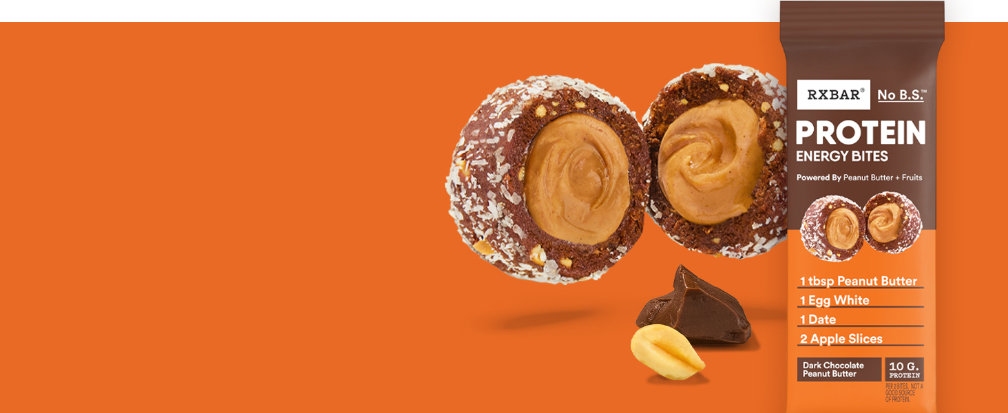 RXBAR Energy Bites on orange background with close up of food and simple ingredients