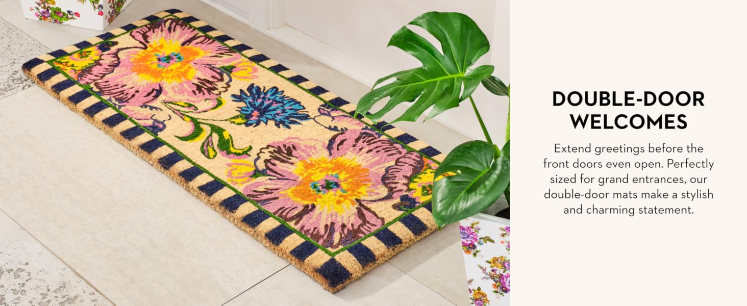 A Mackenzie-Childs Double-Door Mat. Floral design with check border.