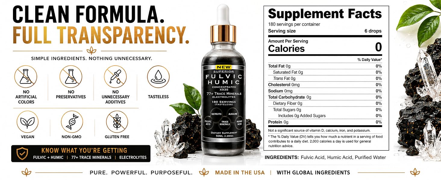 Fulvic humic acid drops with trace minerals and electrolytes, vegan, non-GMO and gluten free