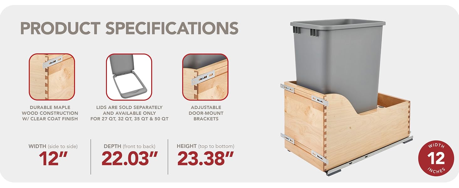 Rev-A-Shelf Single Pullout Trash Can 50 Qt w/ Soft-Close Slides, 4WCSC-1550DM-1