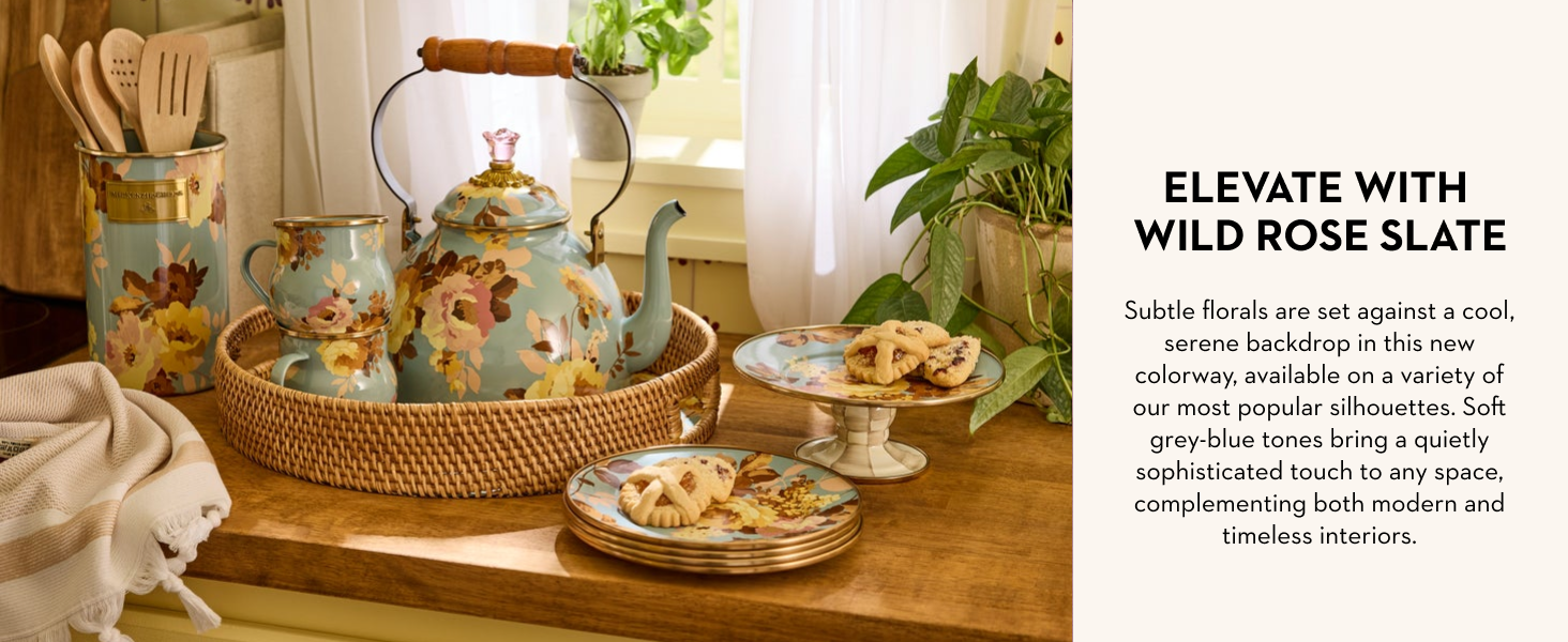 Wild Rose Slate, grey blue tea kettle layered in florals.